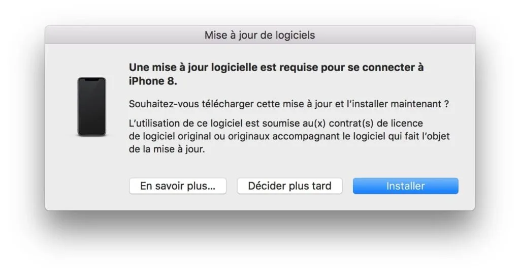 Une mise a jour logicielle est requise pour se connecter a votre iPhone 8 installer