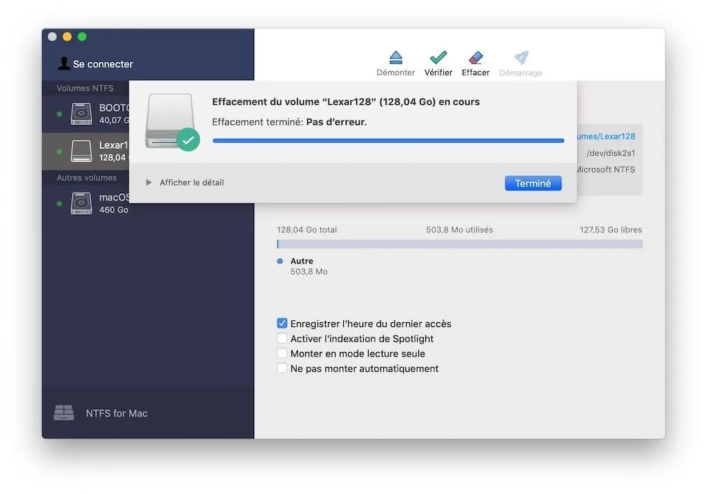 Formater en NTFS sous macOS Mojave pas d'erreur