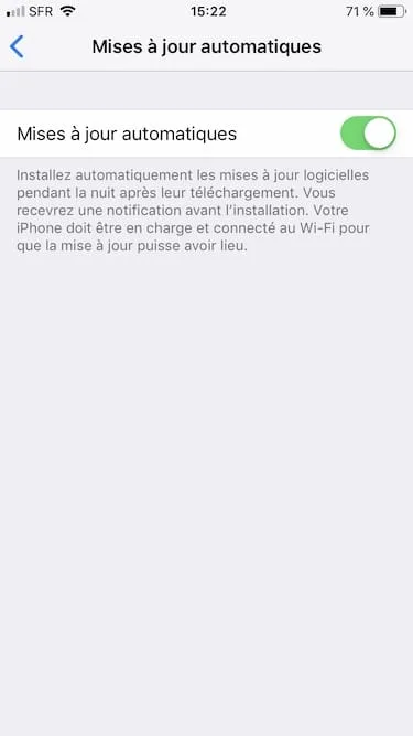 Activer les mises a jour automatiques pour iOS option activee