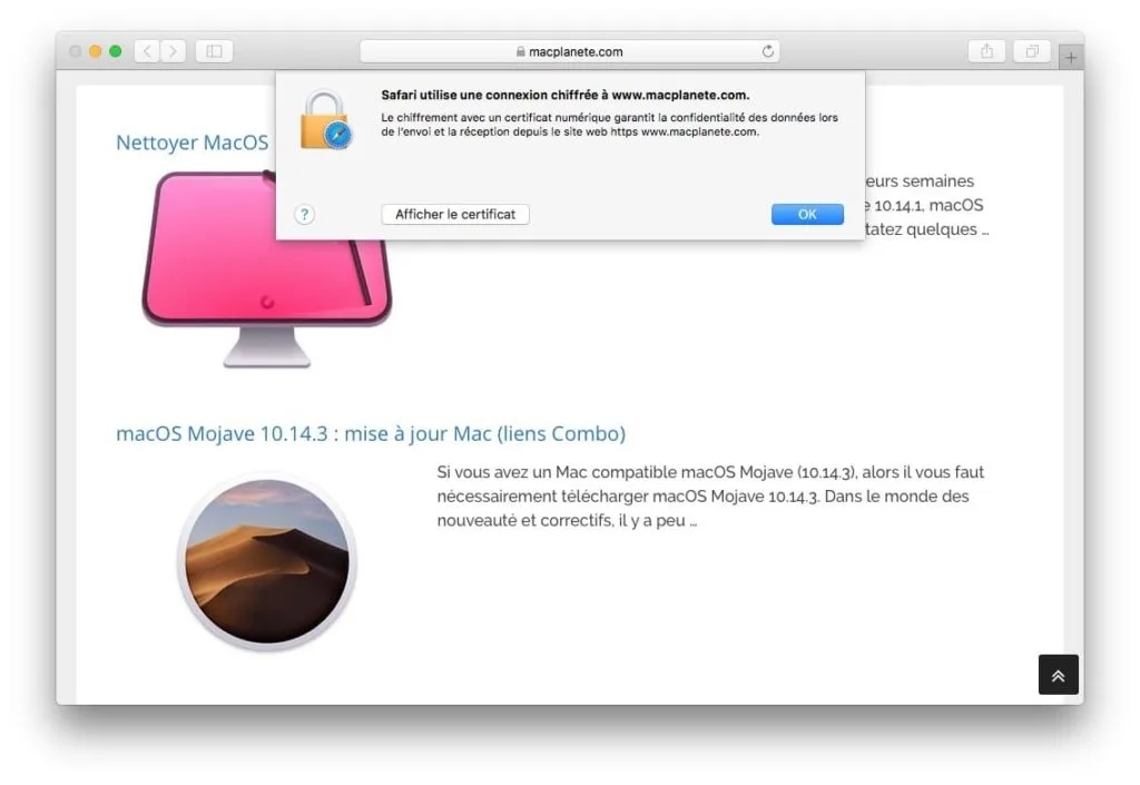Afficher le certificat SSL dun site web avec Safari mac cliquez sur bouton afficher le certificat