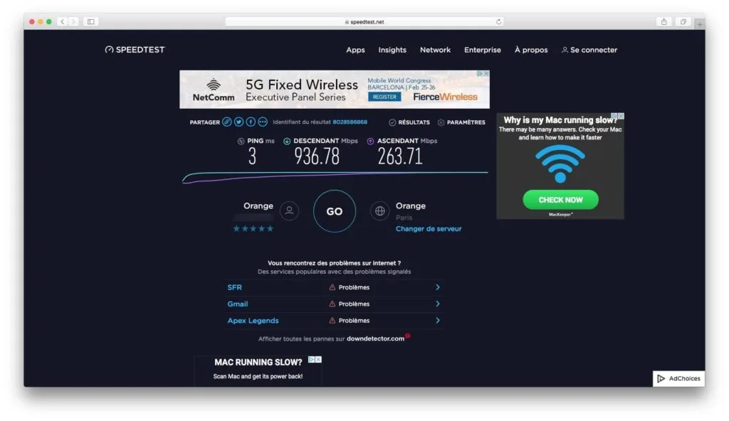Configurer son Mac pour la fibre optique mesurer vitesse avec speedtest