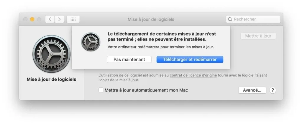Mise a jour supplementaire macOS 10.14.3 telecharger et redemarrer