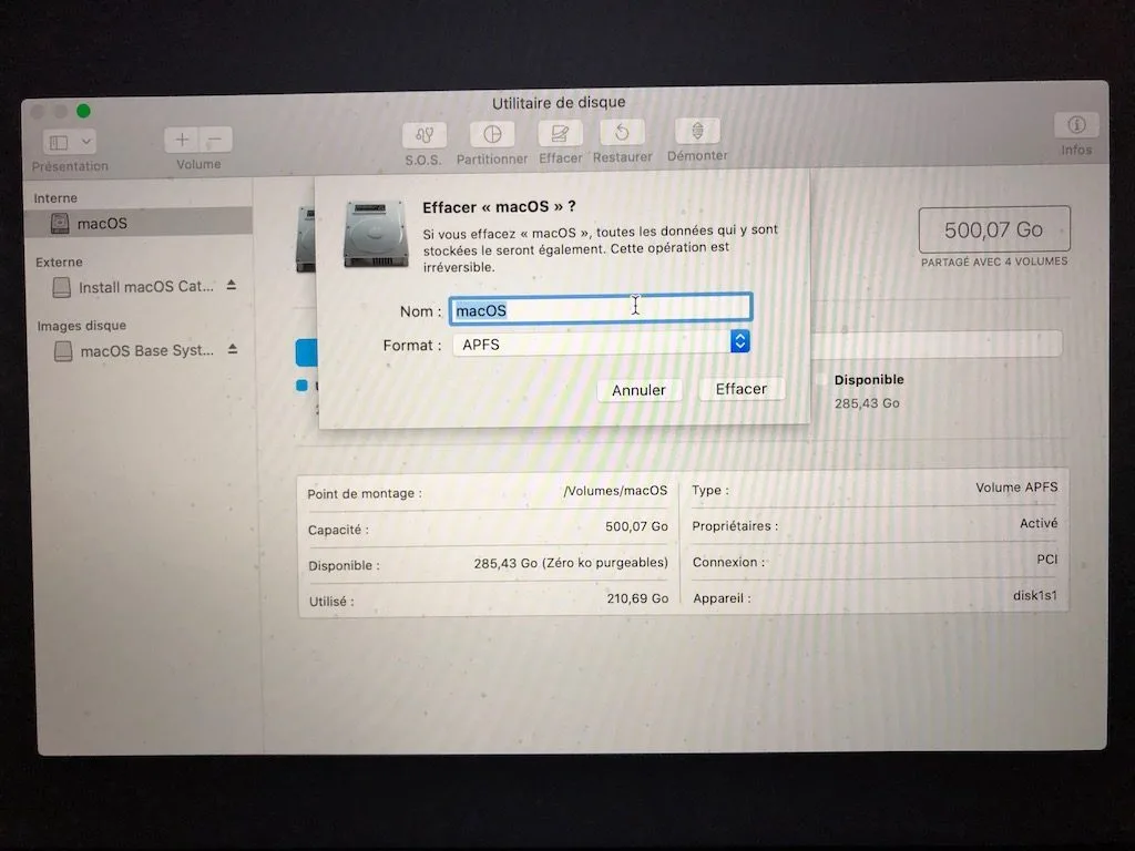 Installation propre macOS Catalina (10.15) 4 formatage disque principal APFS