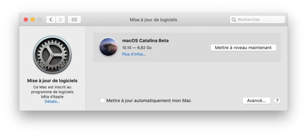 Installer macOS Catalina mise a jour de logiciels