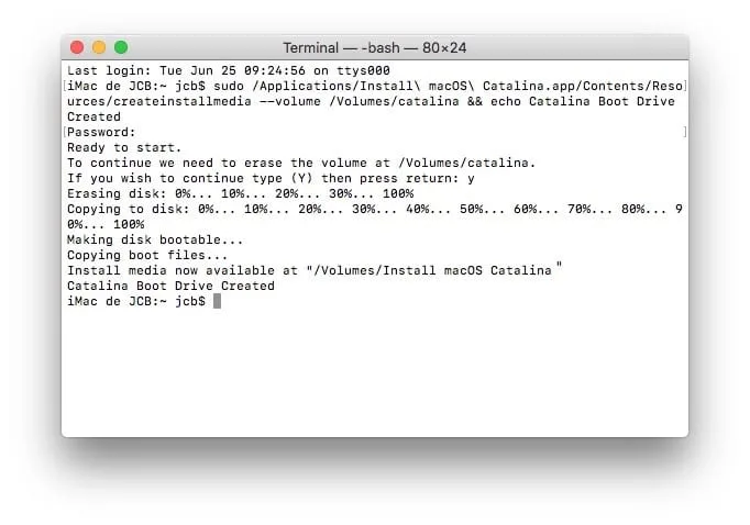 creer cle usb de demarrage macos cataline avec Terminal Mac