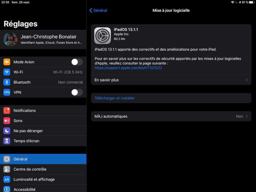 mise a jour logicielle ipados 13.1.1