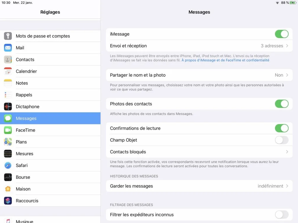 Desactiver Messages sur iPad