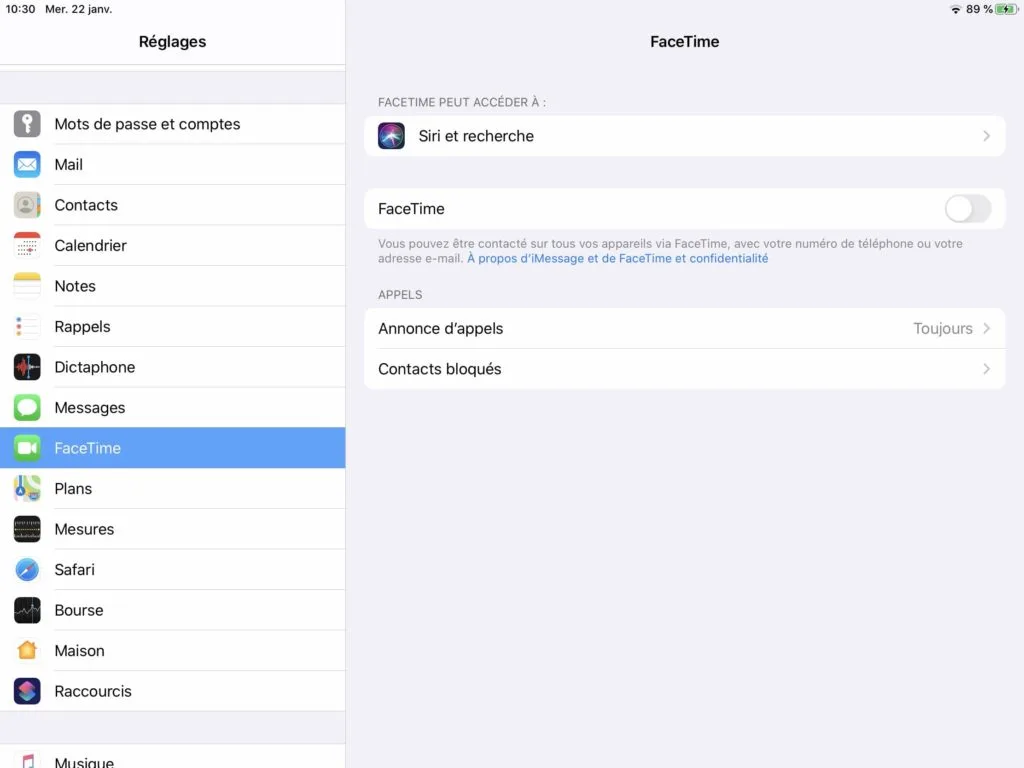 Desactiver appels Facetime sur iPad
