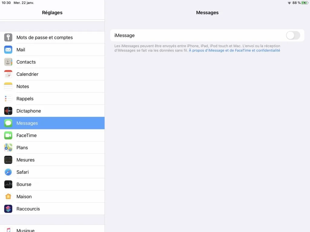 Desactiver iMessages sur iPad