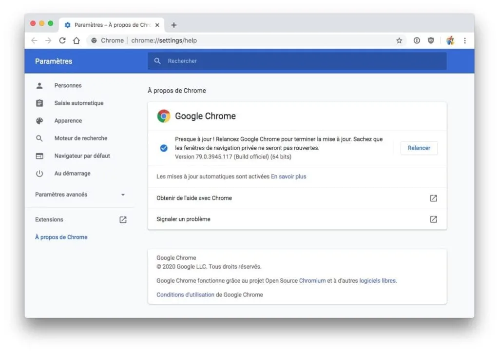 Mettre à jour Google Chrome Mac Relancer