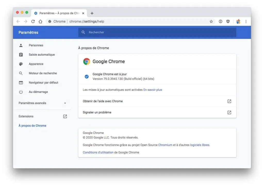 Mettre à jour Google Chrome Mac vers version superieure