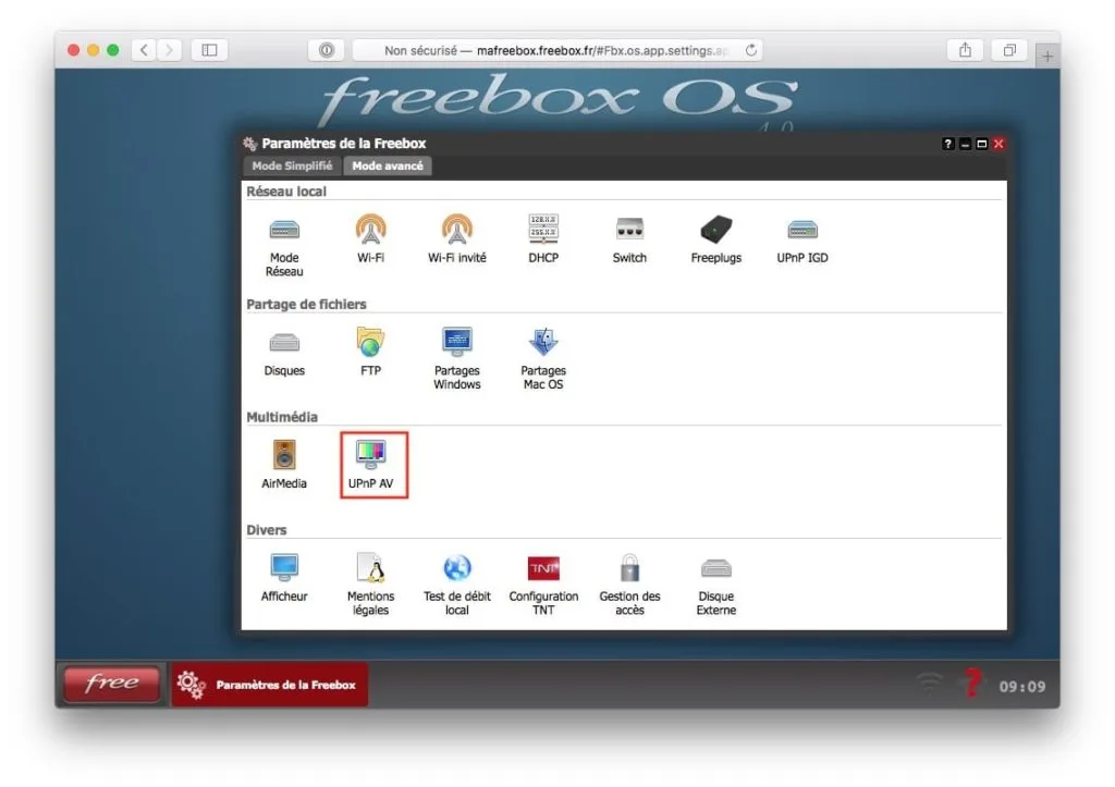 configurer upnp av freebox os