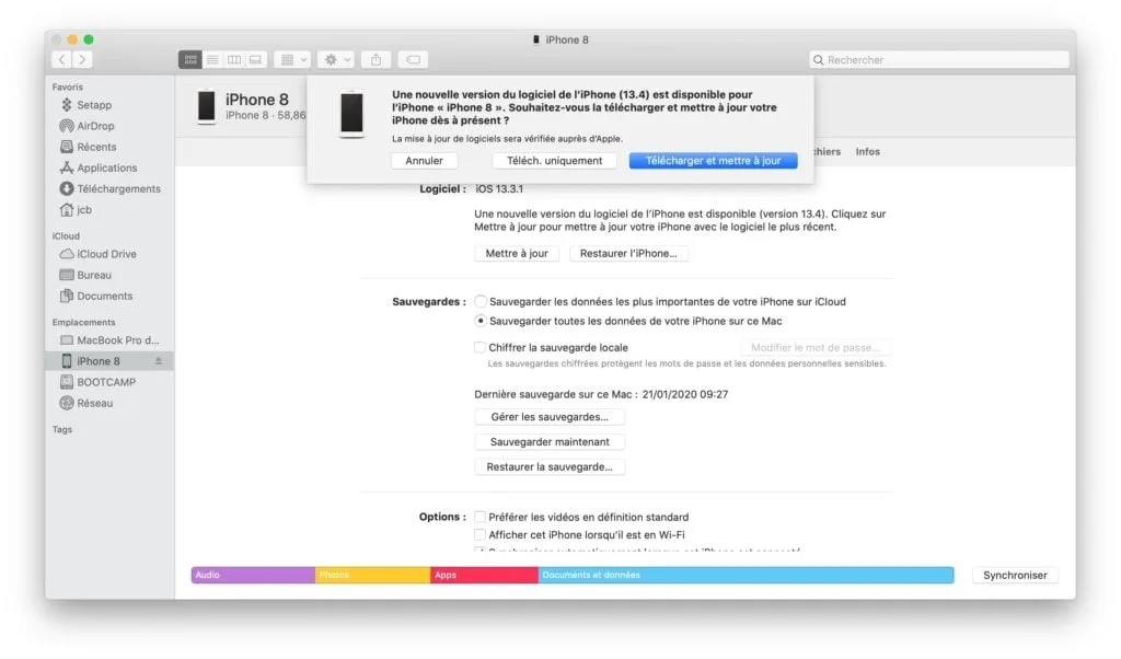 iOS 13.4 mettre a jour avec Finder macOS Catalina