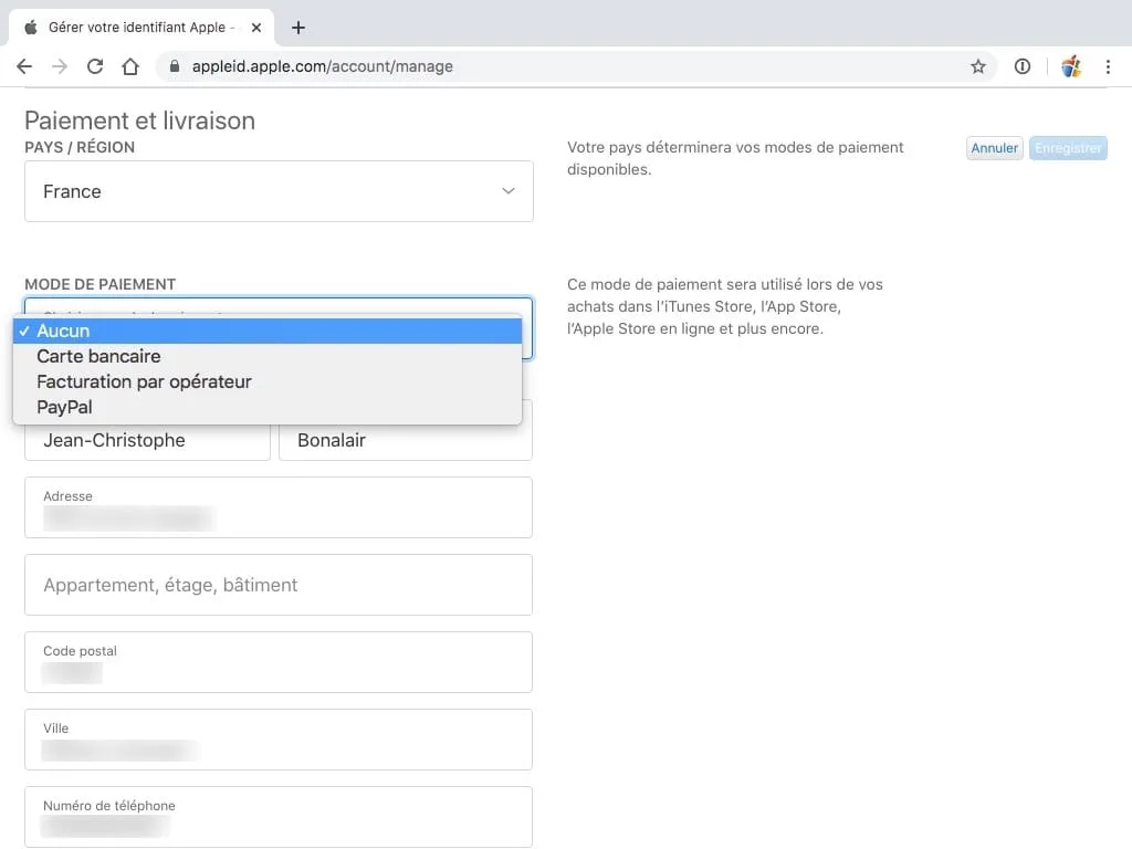 page apple gestion mode de paiement