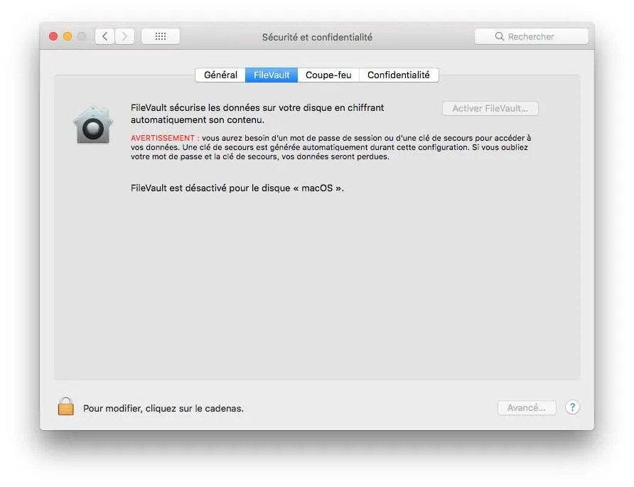desactiver filevault avant de vendre mac