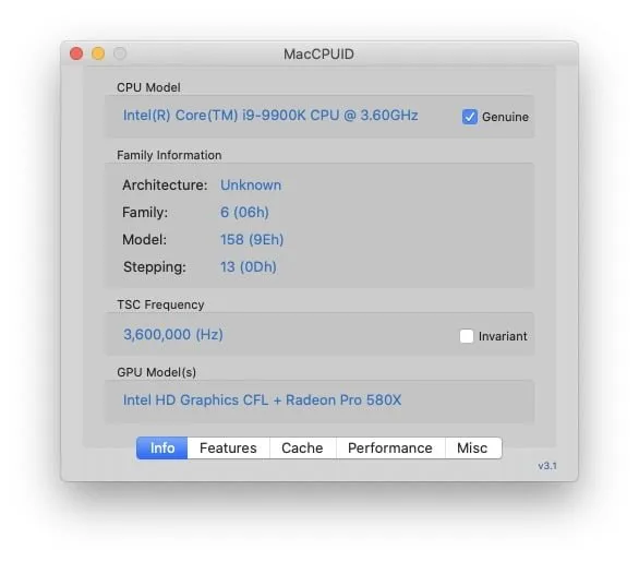 informations processeur mac avec MacCPUID