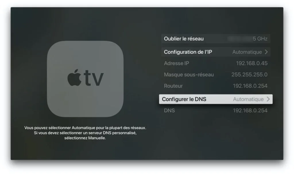 configurer le DNS apple TV manuellement