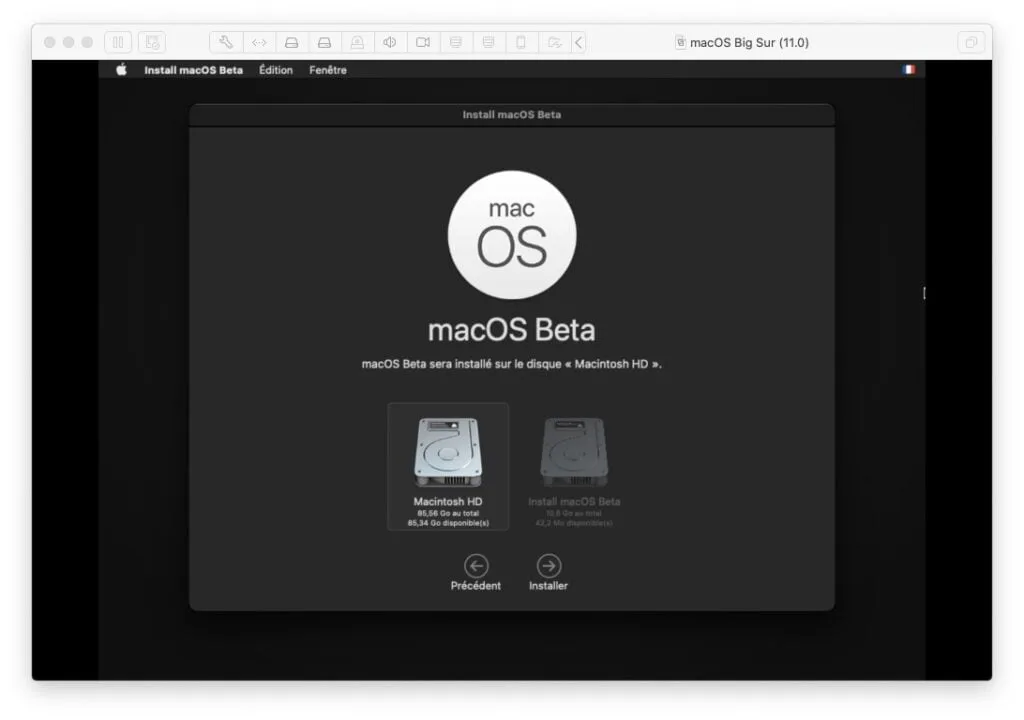 choisir disque installation big sur vmware