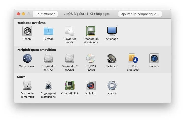 reglages machine virtuelle macos big sur vmware
