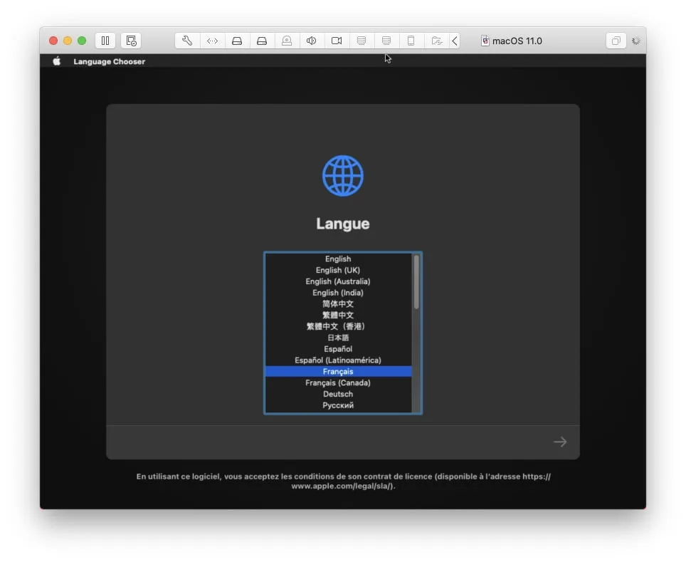 vmware big sur choix de la langue