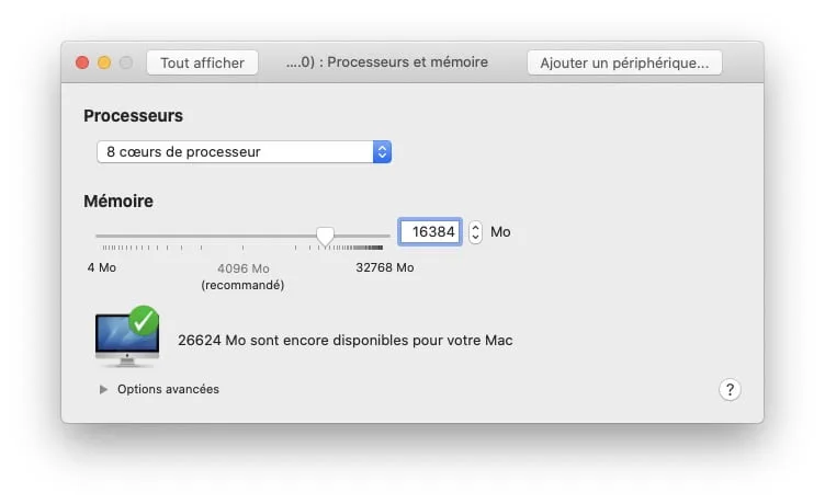 vmware reglages processeurs et memoire macos big sur