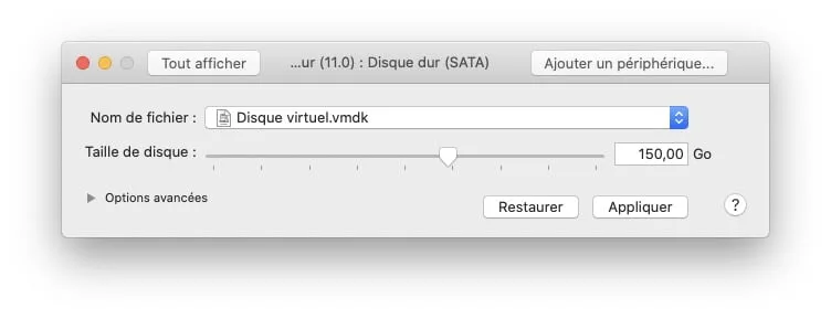 vmware reglages taille disque big sur