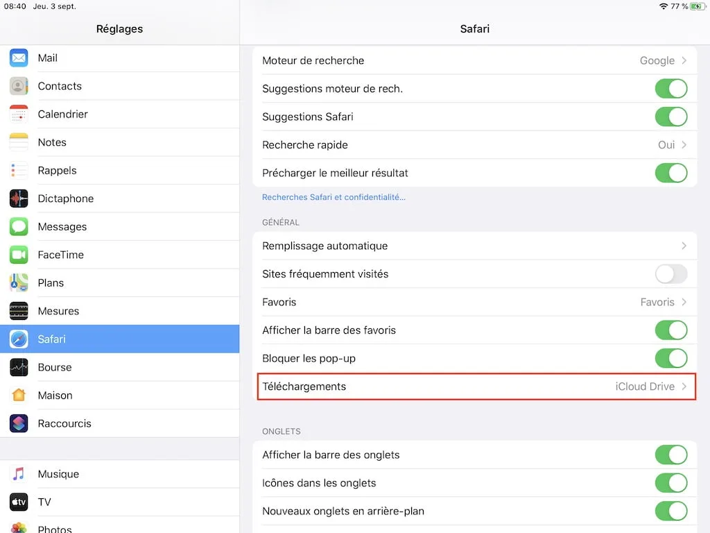 changer emplacement telechargements de fichiers sur Safari iOS