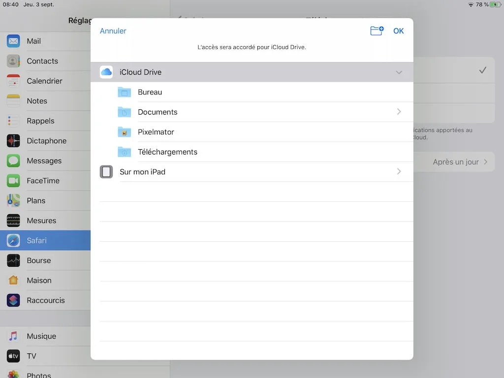 choisir dossier telechargement iPhone iPad