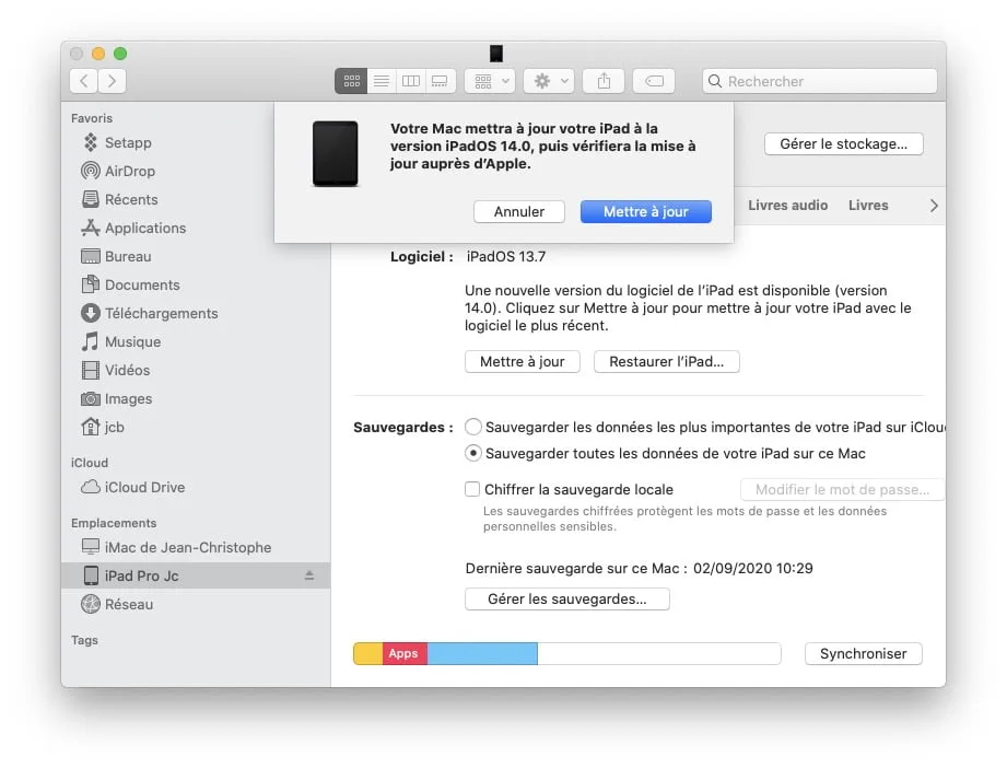 Télécharger iPadOS 14 en version finale pour iPad /Pro / Air / Mini (liens IPSW) 3 mise a jour ipados 14 avec Finder Mac