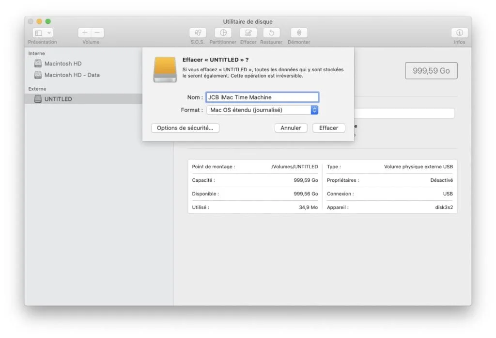 formatage manuel disque time machine