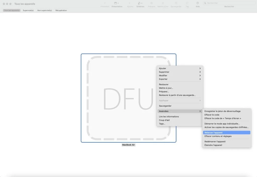 apple configurator 2 Avancees et Relancer appareil avec touche ctrl