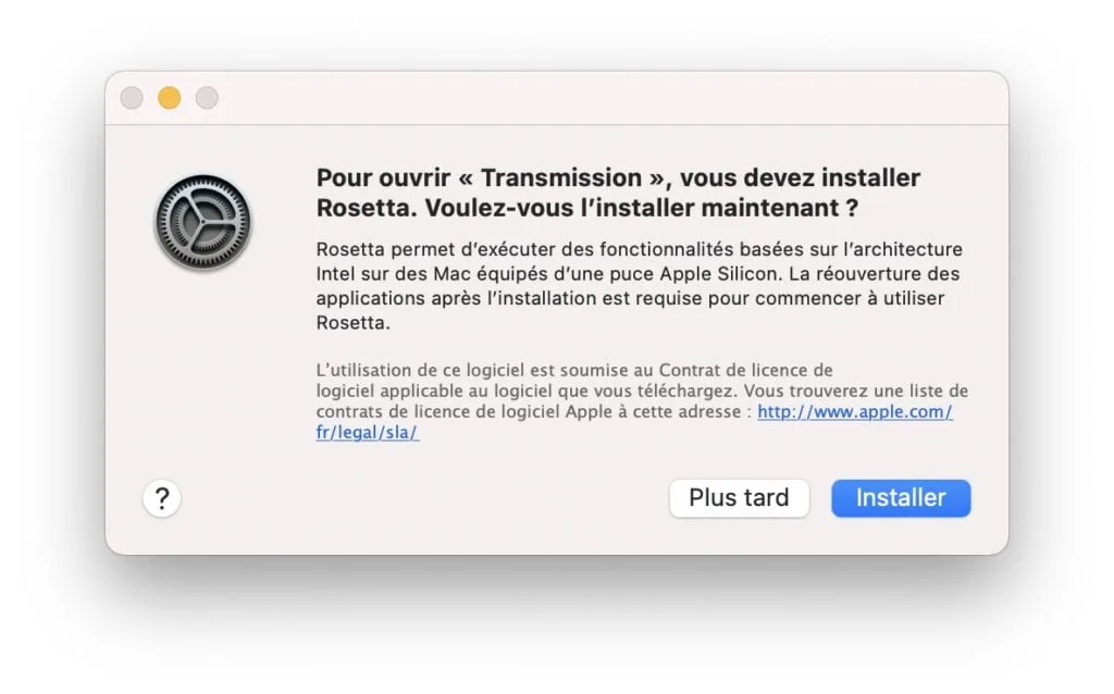 installer rosetta 2 pour application Intel