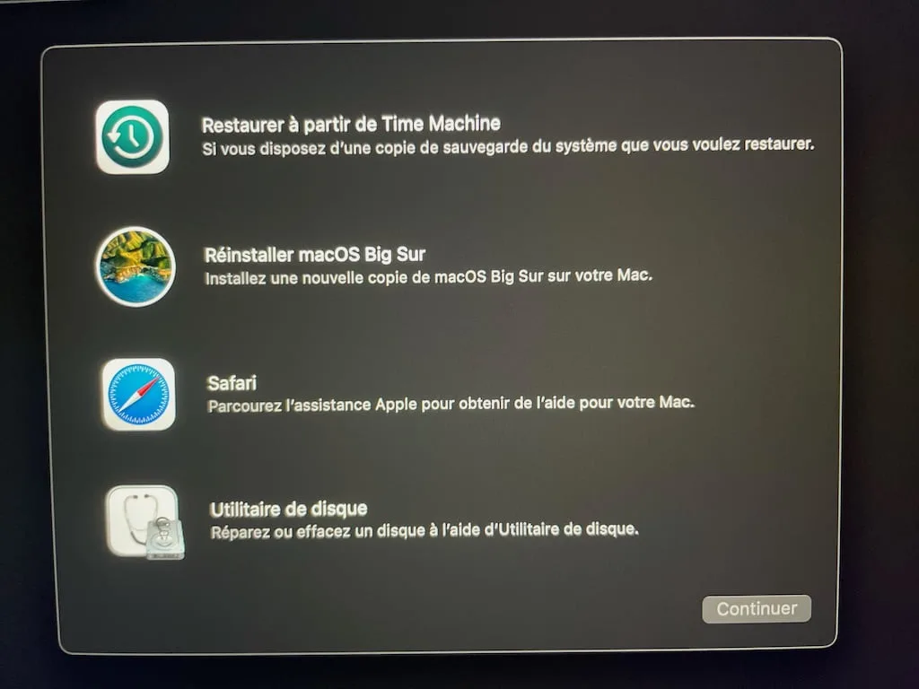 liste options mode recovery apple mac silicon