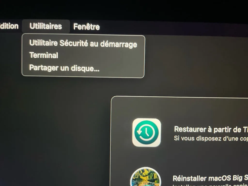 mac apple silicon Utilitaire securite au demarrage Terminal partager un disque