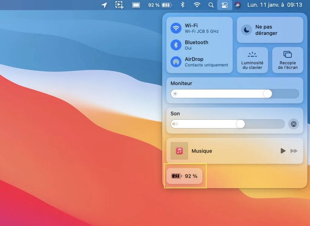 afficher le pourcentage de batterie dans le centre de controle de big sur