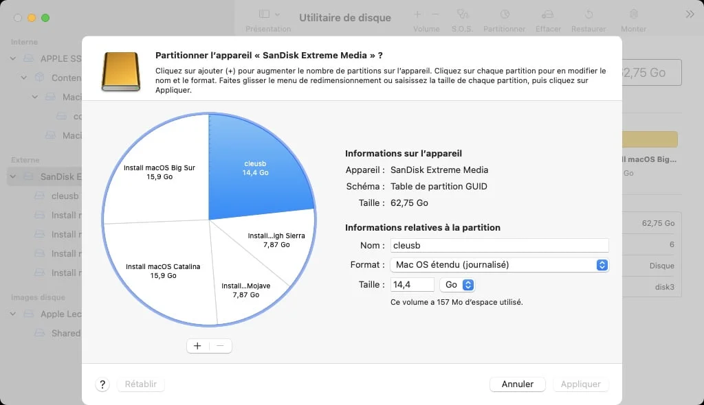 creer 4 partitions sur une cle usb pour installer 4 versions macos