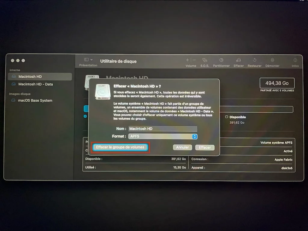 effacer le groupe de volumes sur votre mac silicon m1