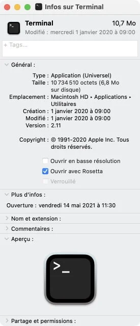 Ouvrir Terminal Mac M1 avec Rosetta