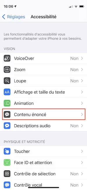 enoncer le contenu a l ecran sur iphone
