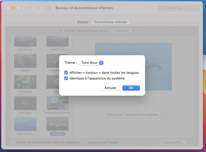 parametrer screensaver Bonjour sur Mac
