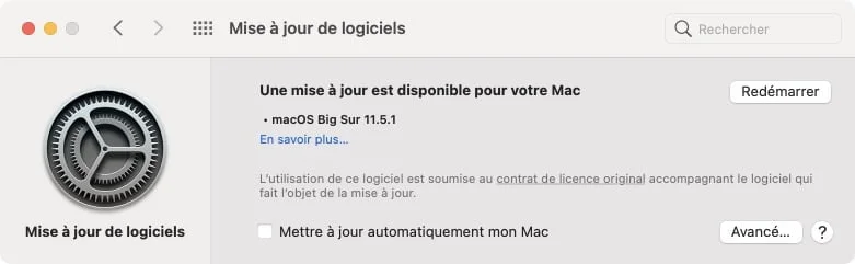 redemarrer macos big sur 11.5.1 apres mise a jour de securite