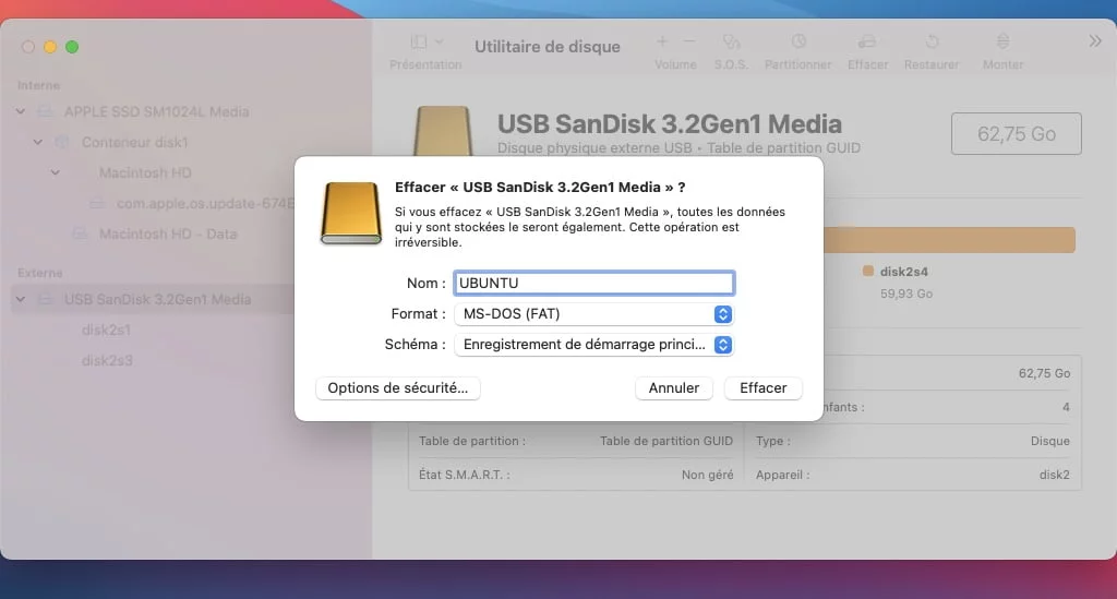 creer une cle usb bootable de linux sur Mac formater cle usb