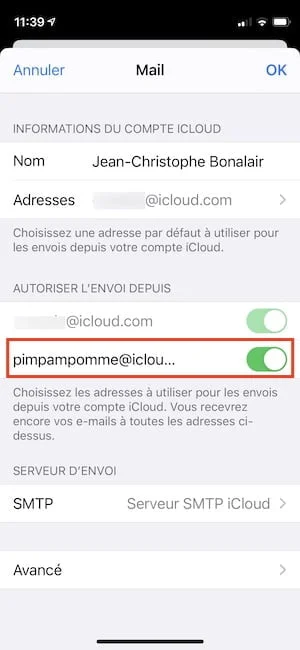 activer alias mail sur iPhone iPad iPod touch