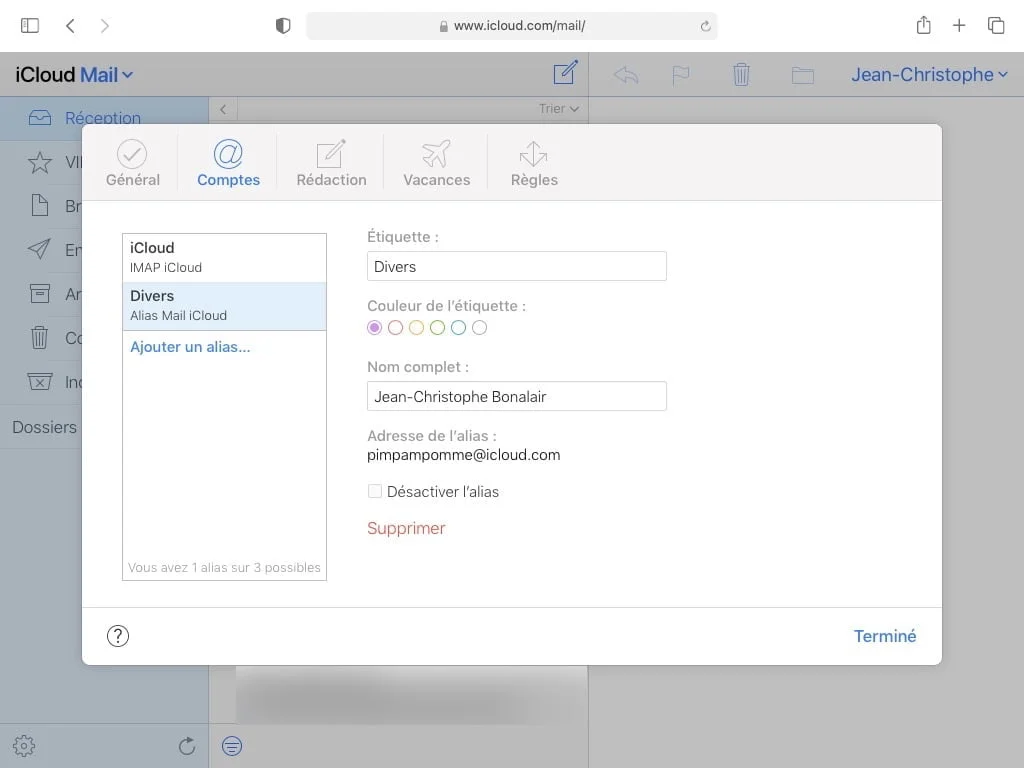 creer 3 alias sur icloud.com
