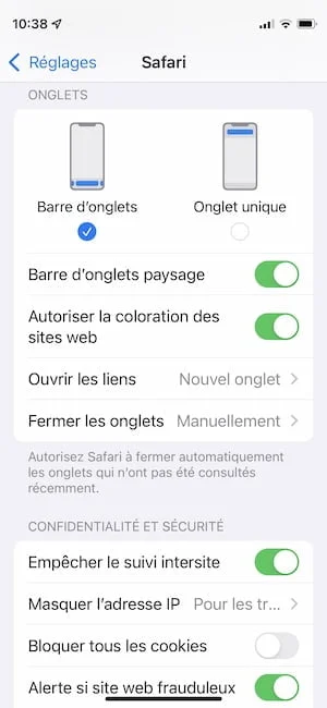 safari ios 15 changer barre d onglets en bas