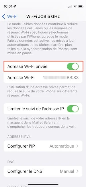 adresse wi-fi privee et confidentialite iphone