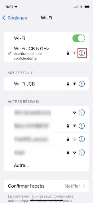 bouton informations Wifi iphone