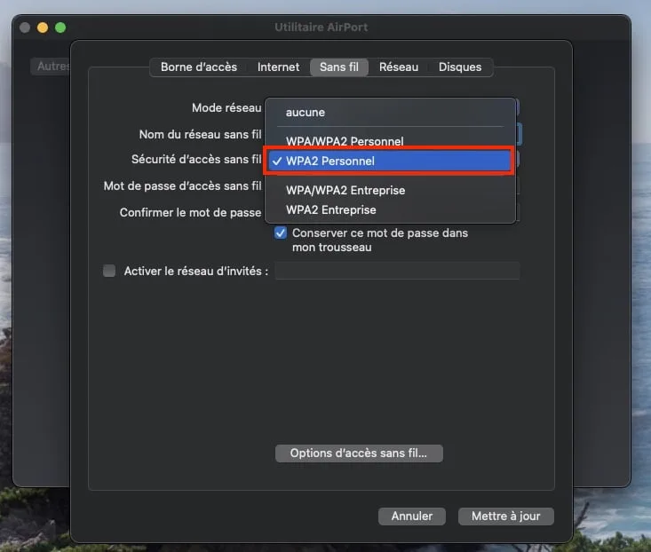 reglage wpa2 personnel wifi apple airport