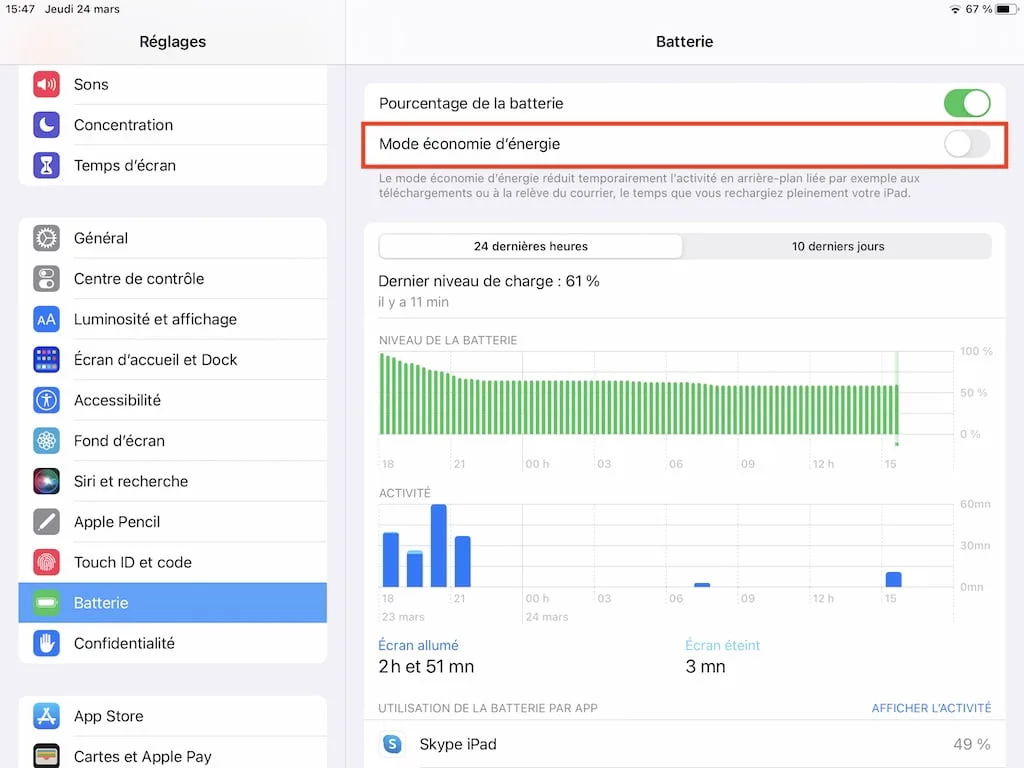 Activer le mode economie denergie sur iPad