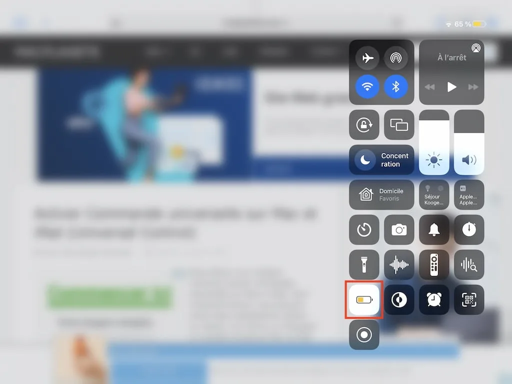 mode economie energie ipad avec centre de controle